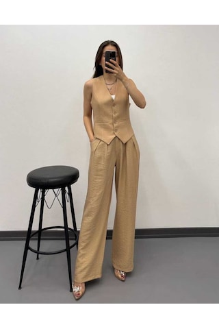 Nevege Butik Nevege Kadin V Yaka Camel Astarli Keten Yelek Camel