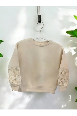 Kız Çocuk Pamuklu İki İplik Kolları Güpür Yuvarlak Yaka Sweatshirt-14464 Bej