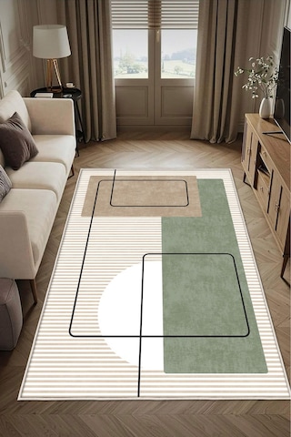 Krem Dijital Baskı Halı Kaymaz Tabanlı Yıkanabilir Halı Yolluk Salon Halısı130