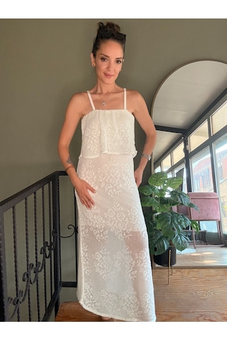 Ali Butik Ekru Dantel Detaylı Askılı Elbise