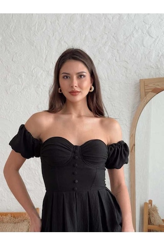 Fashion Cocktail Minik Puf Balon Kol Düğmeli İstiridye Göğüs Kuplu Düşük Omuz Kat Etekli Mini Elbise Siyah
