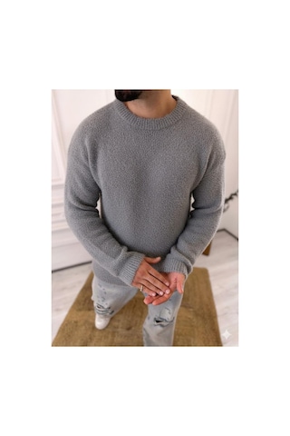 Elku Moda Sweatshirt Oversize Tüylenmez Polar Kazak Bol Kesim Naturel Pamuk Rahat Kesim Salaş Peluş Kazak Gri