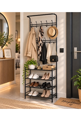 Siyah Alüminyum Vestiyer Askılık 3 Katlı Ayakkabılık Çok Amaçlı Portmanto 68x34,5x186 Cm