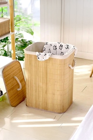 Katlanabilir Bambu Çamaşır Kirli Sepeti 41x31x50 Bej