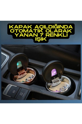 Araç İçi Işıklı Porselen Küllük Silver Krom Renk Kapaklı 7 Renk Işıklı Yanmaz Koku Geçirmez