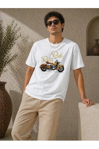 Defymoda Erkek Motosiklet Baskılı Tişört Bisiklet Yaka Kısa Kol Yazlık T-shirt - Beyaz