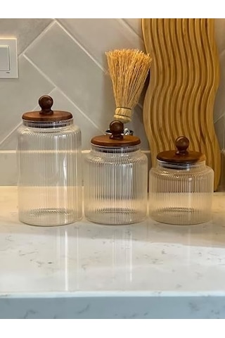 3&apos Lü Üçlü Lüks Çizgi Cam Desenli Top Kulplu Akasya Vakum Kapaklı Baharat Takım