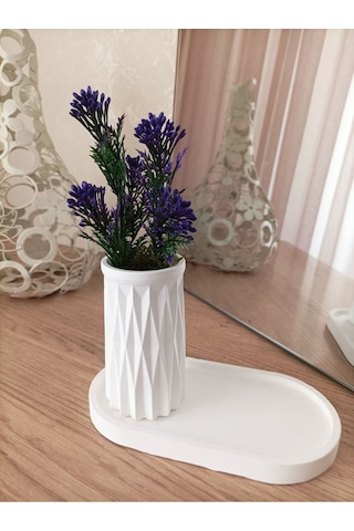 Mini Desenli Beton Saksı Tekli Ve Oval Tabak - Yapay Çiçek Hediyeli - Mor Tomurcuk