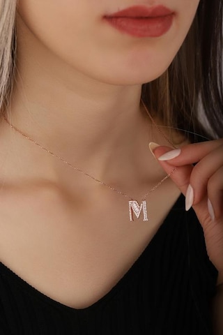 Baget Taşlı Pırlanta Model Gümüş Harf Kolye - M Rose Gold