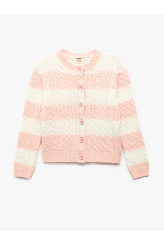 Koton Düğme Detaylı Yuvarlak Yaka Uzun Kollu Triko Hırka Pınk Strıpe 5skg90051ht Pembe Çizgili Pembe