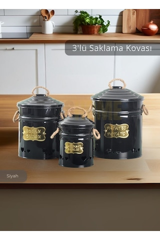 3'lü Set Sebzelik Metal Patates Soğan Sepeti Sarımsak Kovası Şık Organizer Siyah Siyah