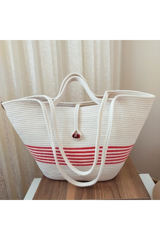 Yazlık Pamuk Dokuma Kadın Omuz Çantası, Plaj Çantası Bej - Kırmızı