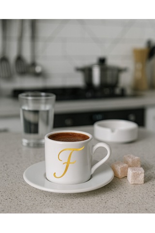 Türk Kahvesi Fincanı Harf, Espresso Fincanı Harf Beyaz - Altın