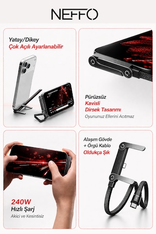 240w Ultra Hızlı Type-c Şarj Data Kablosu Katlanabilir Standlı Ergonomik Tasarım 1.5m Örgülü 1.5 M