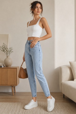 Woddi Kadın Jeans Buz Mavi Kar Yıkama Mom Jeans Yüksek Bel Denim Kot Pantolon Taş