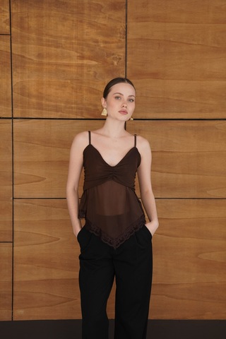 Verymoda D 2979 Askılı Dantel Detaylı Tül Bluz - D2979 Kahve