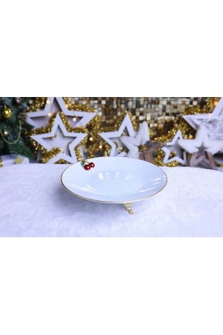 Çnr Home Collection Metal Ayakli Yaldizli Porselen Sunumluk Kurabiyelik Beyaz