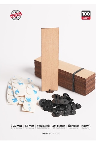 Ahşap Mum Fitili 25 Mm Genişlik Nikel Kaplama Çelik Taban, 3m Köpük Bantlı, 100 Lü Set Ahşap