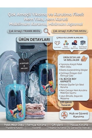 2'si Bir Arada Yıkama Ve Kurutma Filesi, Xl Büyük Boy Çamaşır Yıkama Çantası, Yıkama Filesi, Yıkama Esnasında Açılmayan Fermuar, Yırtılmaz Ve Dayanıklı Kalın Petek Mesh Dokulu Kumaş, Yıkama Torbası Mavi/ Beyaz