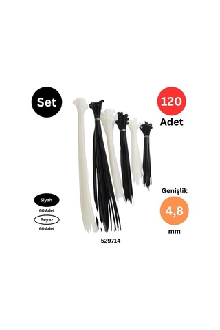 Plastik Kablo Bağı, 250-300-380 Mm X 4.8 Mm, Siyah Ve Beyaz, 120 Adet Set, İç/dış Mekan