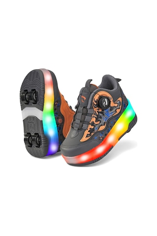 Flames Çocuk Patenli Işıklı Tekerlekli Spor Ayakkabı & Bej Kaykay Ayakkabı 4 Teker Füme