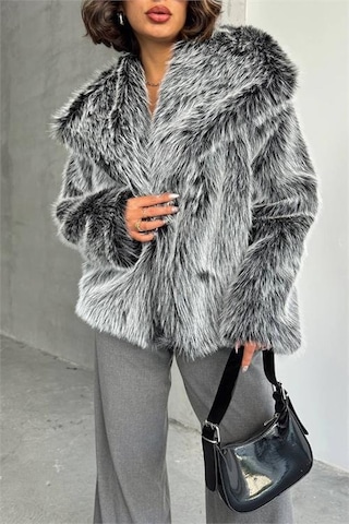 Dip Moda Kadın Gri İthal Kumaş 1. Kalite Kürk Kaban Dpnbg053 Gri