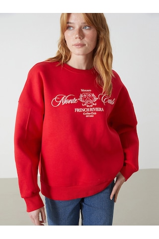 LC Waikiki Bisiklet Yaka Baskılı Oversize Kadın Kalın Sweatshirt Kırmızı