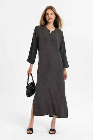 Siyah İşlemeli Uzun Kollu Astarsız Pamuklu Uzun Elbise-siyah Siyah