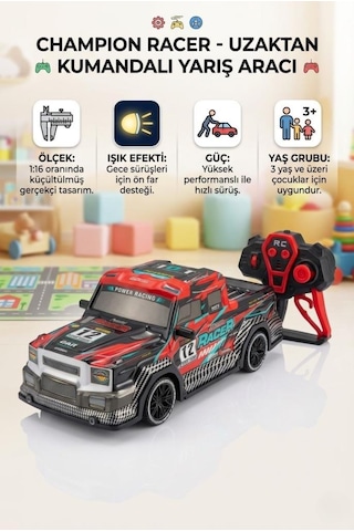 Champion Racer Uzaktan Kumandalı Yarış Arabası 1:16 Ölçek - Işıklı Ve Tam Fonksiyonlu Siyah - Kırmızı - Mavi