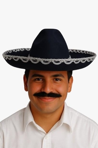 Meksika Mariachi Latin Şapkası Lüks 41cm Siyah Zemin Üstüne Gümüş Sim Kenarlıklı Parti Kostümü