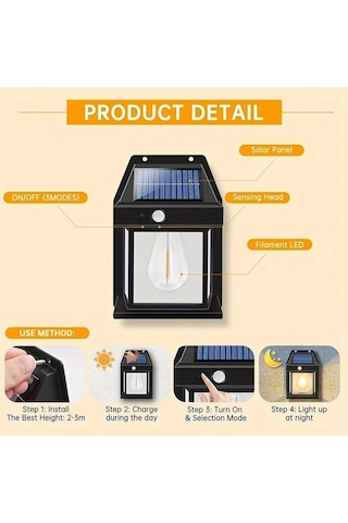 Hareket Sensörlü Güneş Enerjili Bahçe Led Ampul Su Geçirmez 3 Mod