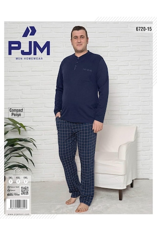 Pijamoni Erkek Battal Düğme Yaka Penye Uzun Kol Pijama Takımı 6720/15 - 1 Adet Lacivert