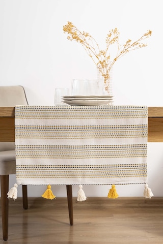 Rivaistanbul Ruffle Püsküllü Pamuklu Ham Keten Runner 50x130 Cm Açık Krem