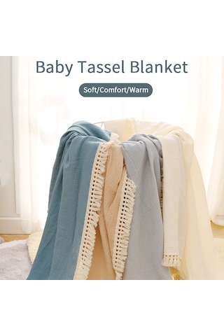 Wezone Yeni Doğan Bebek Muslin Battaniye - Sünger Dokulu Sarma Örtü, Tasselli Kumaş, Gri Renk, 80x65 Cm Gri