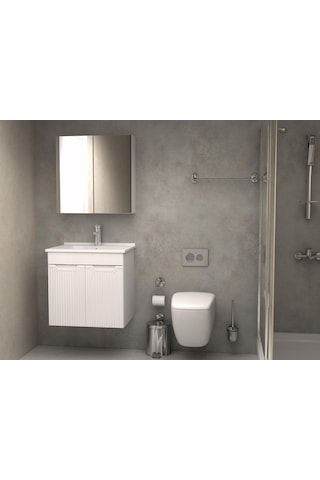 Banyo Dolabı Aynalı Cnc İşlemeli Membran Kapaklı 65 Cm Beyaz