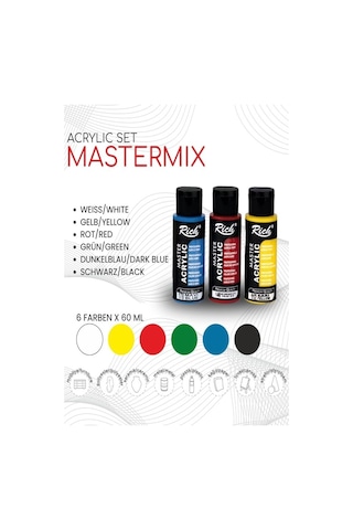 Rich Mastermix Akrilik Boya 6 Renk 60 Ml 1 Paket Ana Renkler Akrilik Boya 6 Lı Profesyonel Tuval Canvas Çok Renkli