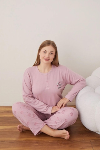 Boyraz Lindros Kadın Pamuklu Düğme Yaka Raporlu İnterlok Battal Pijama Takımı 05111 - 1 Adet Gülkurusu