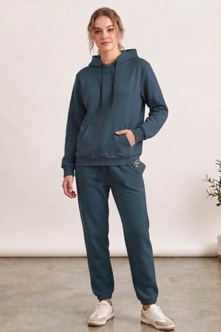 Moibody Kadın 3 İplik Şardonlu Eşofman Takımı Premium Kapüşonlu Sweatshirt Ve Jogger Alt Petrol Petrol