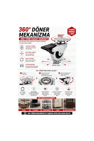 4 Adet Frenli Döner Tablalı 50 Mm Bilyalı Mobilya Tekeri 360 Döner Masa Dolap Sehpa Tekeri Ağır Yük Çok Renkli