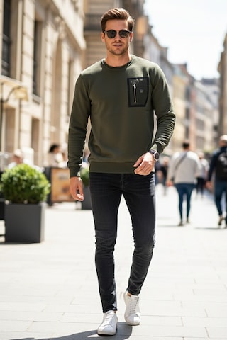 Remsa Erkek Fermuar Detay Bisiklet Yaka Pamuklu Sweatshirt 24722 Haki Haki Yeşil