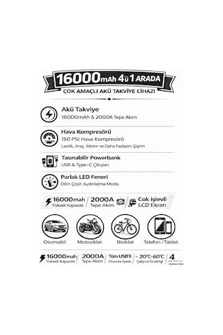 Akü Takviye Cihazı 4'ü 1 Arada Jump Starter 150 Psı Hava Kompresörü Powerbank & Led Fener Taşıma Çantalı