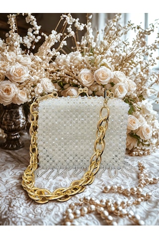 Luti Design El Yapımı Kristal Boncuk Abiye Çanta/ Zincir Askılı Özel Tasarım Beyaz