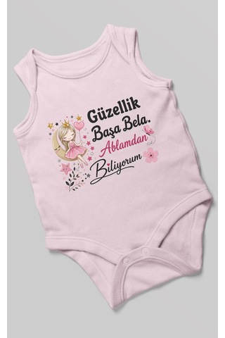Morivokids Güzellik Başa Bela Ablamdan Biliyorum Sıfır Kol Bebek Zıbını %100 Pamuk Bebe Pembe