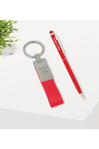 Kişiye Özel Kırmızı Touchpen Tükenmez Kalem Ve Deri Anahtarlık He