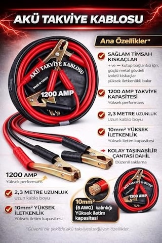 Akü Takviye Kablosu,1200 Amper, 2,3 Metre Uzunluk, Profesyonel Heavy Duty, Güçlü Timsah Kıskaçlı, Bakır İletken, Made İn Turkey