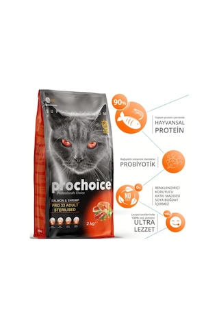 Prochoice Pro 33 Sterilised Somonlu ve Karidesli Kısırlaştırılmış Yetişkin Kedi Maması 2 KG