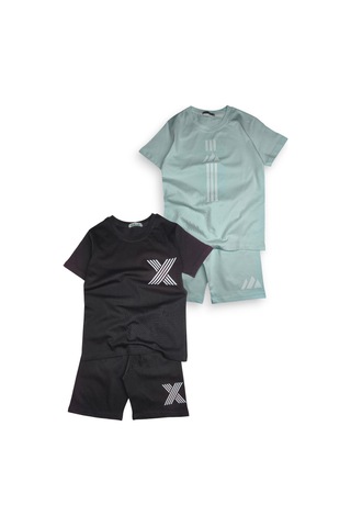 Minik Motion 2'li Set Kısa Kollu Tshirt Ve Şortlu Çocuk Minikmotion Alt Üst Takım Siyah-su Yeşili