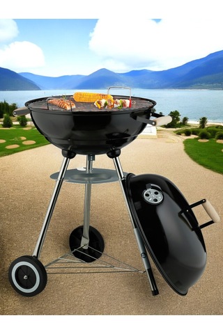 Yuvarlak Kömürlü Mangal Ahşap Kulplu Tekerlekli Mangal 44 Cm