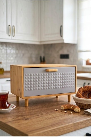 Bambu Gövdeli Gri Pane Ekmek Dolabı 36x23x24 Cm - Demonte Ayaklı Tezgah Üstü Ekmeklik