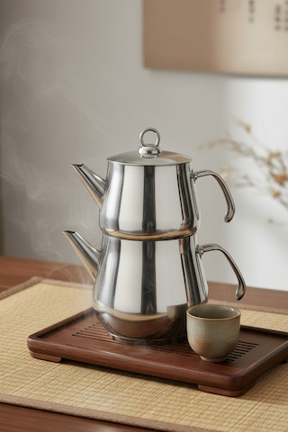 Yunusoğlu Home Aletta Büyük Boy Paslanmaz Çelik Çaydanlık Metal Kulp Aile Boy Kullanım 1.6l+2.5l Gri